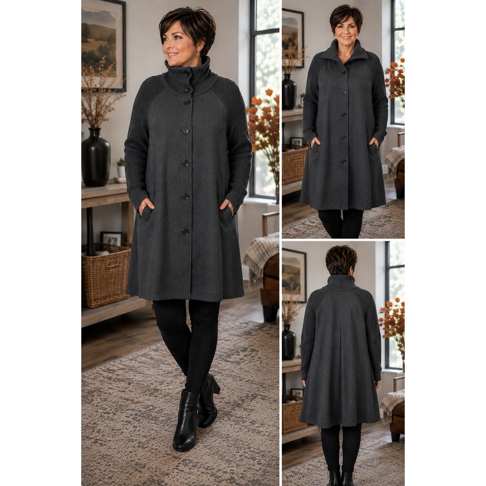 3XL Charcoal Gray Swing Coat Sweater Knit Sleeves Funnel Collar Plus Size